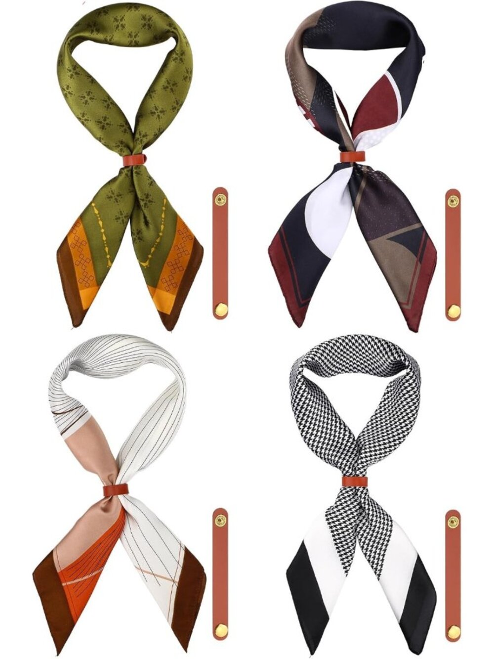 4 Pcs Luxurious Silk-Like Scarves for Men with Stylish Leather Ring